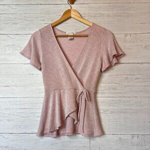 Caution to the Wind Blouse Womens SZ Medium Pink & White Stripe Faux Wrap Girly